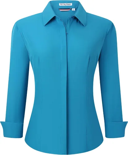 Vista 6 de Esabel.C Camisas de manga larga con botones para mujer, ajuste regular, blusa de trabajo elástica