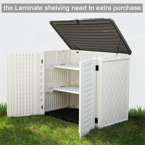 Vista 3 de Cobertizo de almacenamiento horizontal para jardines y patios, caja de almacenamiento de plástico impermeable, cobertizo pequeño de 26 pies cúbicos