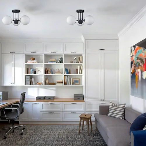Vista 3 de Lámpara de techo semiempotrada moderna de metal negro de 3 luces con pantalla de vidrio de globo blanco, lámpara de montaje en techo para pasillo