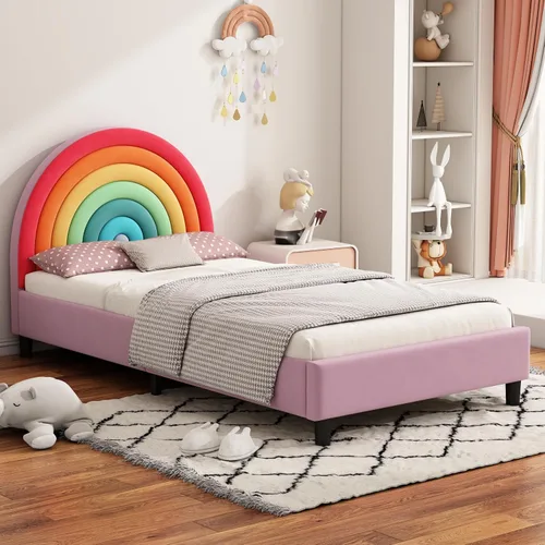 Vista 3 de SOFTSEA Base de cama tamaño individual con diseño de arco iris para niños, cama tapizada individual con cabecera arcoíris, cama de princesa, linda