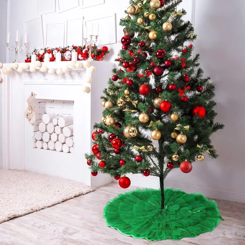 Vista 6 de Tatuo Falda de árbol de Navidad con volantes de 4 capas de tul redonda esponjosa y brillante, adorno para decoración de Navidad y vacaciones