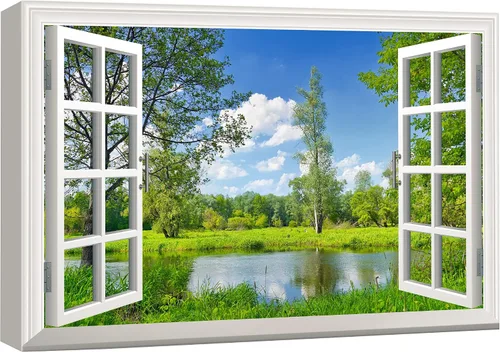 Vista 48 de wall26 - Cuadro en lienzo para pared, vista de ventana, río neón turquesa, rápido, bosque, lago, arroyo, naturaleza salvaje, fotografía, realismo
