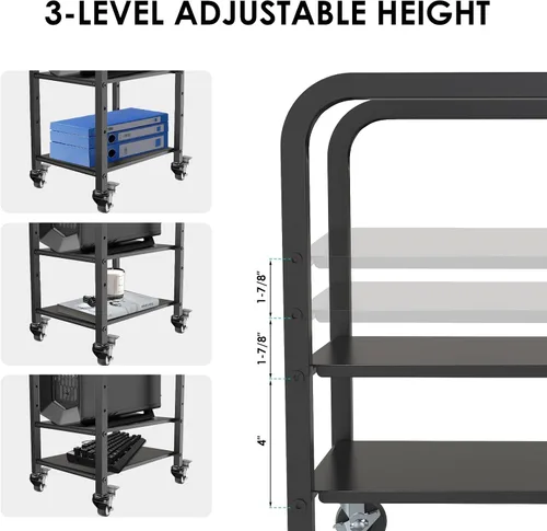Vista 2 de Soporte de torre para computadora, soporte de piso de PC de altura ajustable de 2 niveles para torre pequeña/media, carrito de metal completo