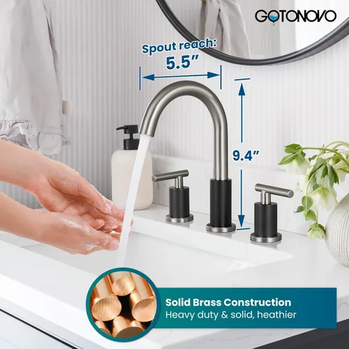 Vista 5 de gotonovo Grifo de Lavabo de Baño de 3 Orificios 2 Manijas con Desagüe Emergente con Válvulas Mezcladoras de Agua Caliente y Fría Grifo de Baño Negro