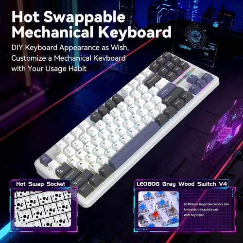 Vista 5 de Aula F87 Pro Wireless Mechanical Keyboard, Tri-Mode Bluetooth2.4GUSB-C Hot-Swappable RGB Gaming Keyboard, Gasket Mount, 4000mAh, for WindowsMac