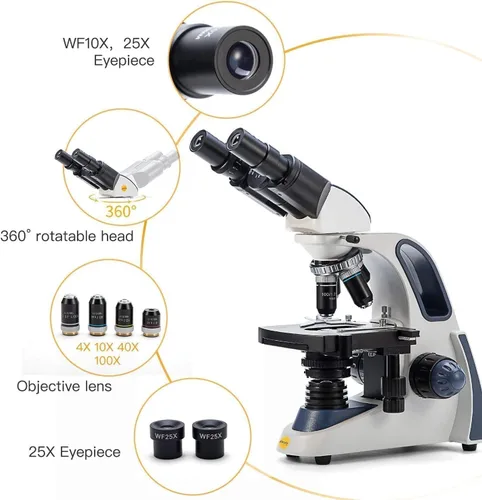 Vista 3 de SWIFT SW380B Microscopio compuesto binocular, 40X-2500X con cámara de 1.3 MP, 100 diapositivas de microscopio, kit de microscopio para estudiantes