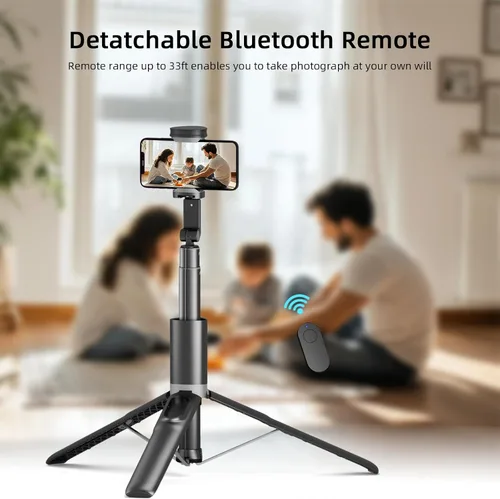 Vista 4 de Trípode para selfie stick de 61 pulgadas con control remoto Bluetooth, soporte extensible de aluminio resistente para vlogging con base de metal