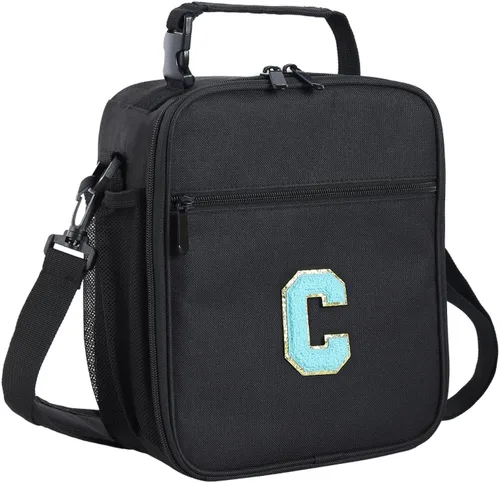 Vista 17 de ELEFOCUS Lonchera aislada con inicial para mujeres y hombres, bolsa de almuerzo personalizada con monograma con correa de hombro ajustable