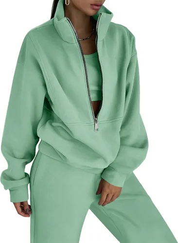 Vista 10 de COZYPOIN Conjunto deportivo de 2 piezas para mujer, sudadera de forro polar con cremallera media y pantalones de chándal de forro polar