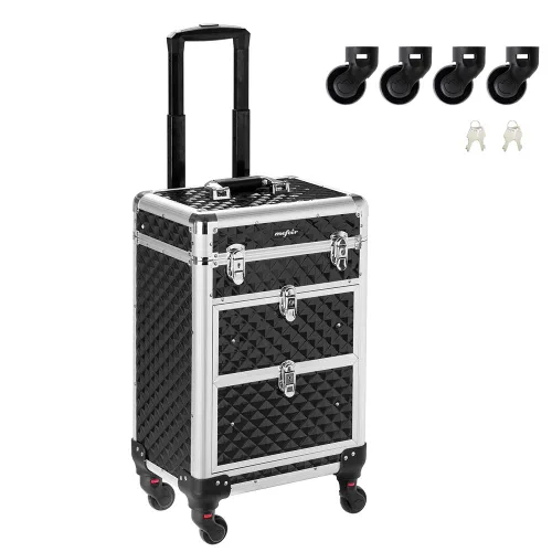 Vista 7 de Mefeir Estuche rodante de maquillaje de aluminio, maletín organizador de maquillaje portátil, caja de almacenamiento de cosméticos, equipaje