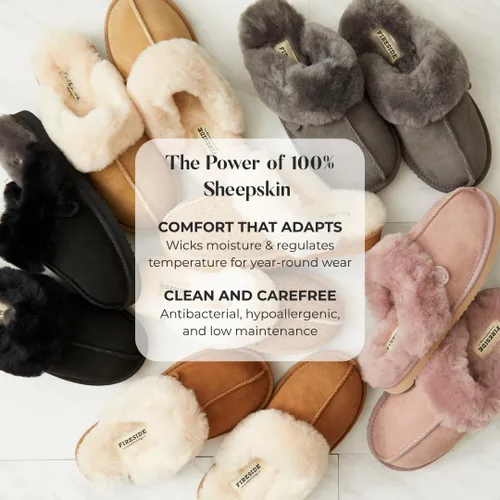 Vista 31 de Dearfoams Fireside Sydney Pantuflas anchas de piel de oveja para mujer, para interiores y exteriores