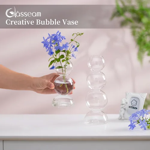 Vista 3 de Glasseam Juego de 2 jarrones de flores únicos, bonitos jarrones pequeños de vidrio para flores, jarrones transparentes modernos para decoración