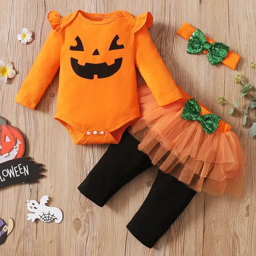 Vista 3 de Traje de Halloween para bebé niña con diadema de calabaza