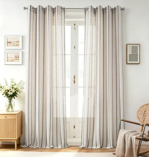 Vista 29 de DriftAway Cortinas de estilo granja con rayas verticales de lino mezclado texturizado con filtro de luz semitransparente para sala de estar
