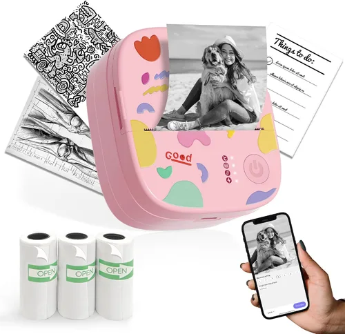 Vista 10 de Mini impresora portátil de calcomanías, mini impresora térmica con 3 rollos de papel, cápsulas de impresión sin tinta Bluetooth, etiquetadora