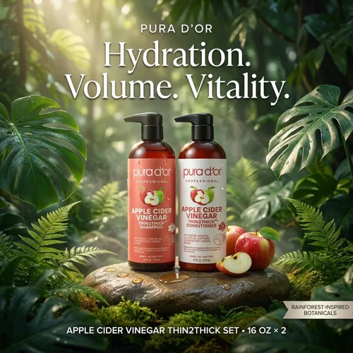 Vista 3 de PURA D'OR Set de champú y acondicionador de vinagre de manzana Thin2Thick (16 onzas x 2) Champú y acondicionador de vinagre de manzana ACV