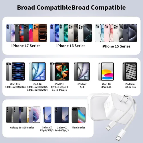 Vista 6 de Paquete de 2 cargadores rápidos para iPhone 17/16/15, adaptador dinámico Apple USB C de 40W con cable tejido de carga rápida tipo C-C de 60W máximo