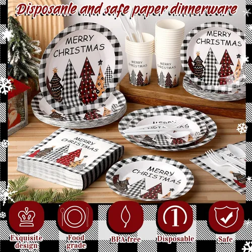 Vista 3 de Dandat 400 piezas de platos y servilletas desechables de Navidad, juego de suministros para fiesta de Navidad de vajilla desechable para 50