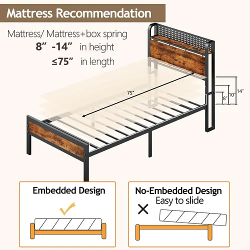 Vista 7 de Furnulem Base de cama tamaño individual con luces LED y estación de carga, base de cama con cabecera de almacenamiento de madera, cama de plataforma