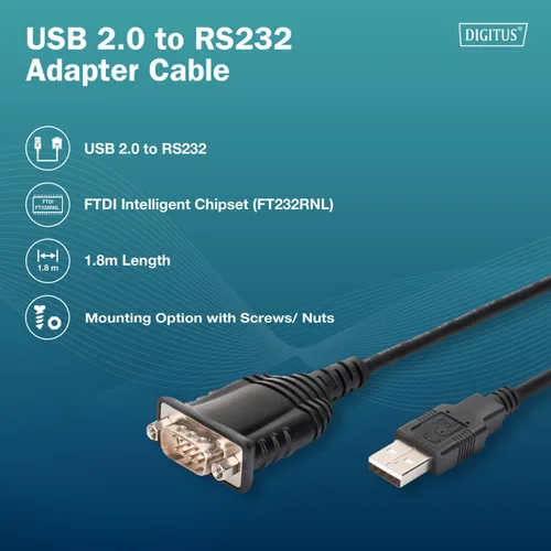 Vista 2 de DIGITUS USB 2.0 to RS232 Adapter Cable - USB-A DB9 Male - 1.8m FTDI Chipset - 75 to 128,000 bps Data Rate - COM Port Retention - Black