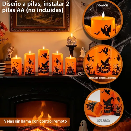 Vista 2 de Sasigeiaa Velas sin llama naranja de Halloween con control remoto, paquete de 5 velas LED que funcionan