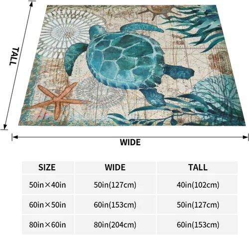 Vista 2 de Manta de felpa con aire acondicionado, diseño vintage de tortuga oceánica y estrellas de mar, mapa del mundo, ultra suave, acogedora, para cama