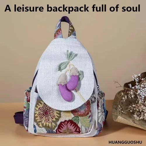 Vista 161 de HUANGGUOSHU Mochila de algodón tejida de algodón bohemio con bordado de lona estilo bohemio con múltiples bolsillos retro linda mochila cartera