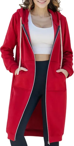 Vista 11 de Ablanczoom Sudaderas largas con cremallera para mujer, cómodas sudaderas de forro polar a la moda, chaquetas casuales con bolsillos Albaricoque