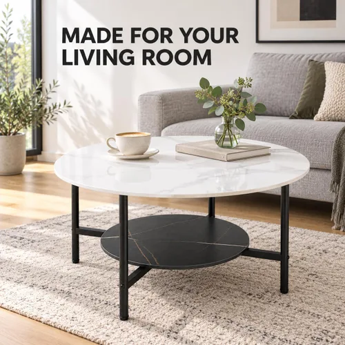 Vista 9 de Wisfor Mesa de centro de mármol para sofá de mesa: mesa central redonda de piedra sinterizada blanca de 2 niveles con Fram negro para sala de estar