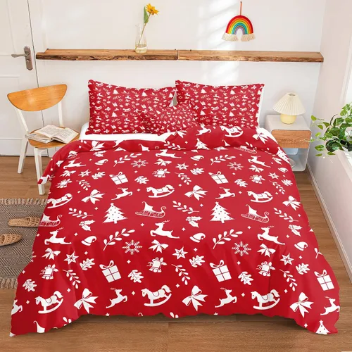 Vista 29 de Juego de ropa de cama de Navidad con funda de edredón de copos de nieve, color blanco y rojo, con estampado navideño, juego de ropa de cama festiva