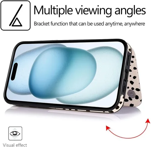 Vista 7 de uCOLOR - Funda tipo cartera para iPhone 15 con tarjetero y diseño de lunares con leche de almendra Bloqueo RFID de piel sintética para mujeres