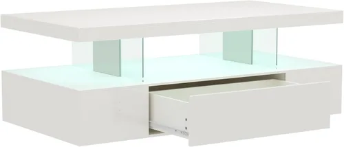 Vista 8 de ChooChoo Mesa de centro moderna con LED, mesa central de alto brillo con cajón, mesa auxiliar rectangular con almacenamiento para sala de estar