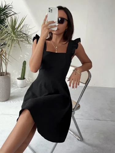 Vista 6 de MakeMeChic Vestido corto de verano sin mangas con volantes y lazo en la espalda abierta para mujer