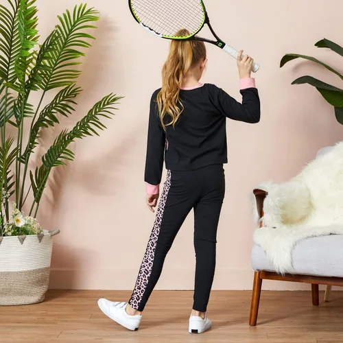 Vista 3 de PATPAT Conjunto de 2 piezas para niñas, camiseta de bloque de color de leopardo, camiseta de cuello redondo, leggings negros, pantalones deportivos