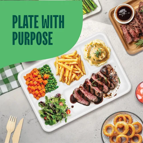 Vista 7 de Bandeja desechable 100% compostable, grande de 5 compartimentos [paquete de 125] – [12.5 pulgadas] Bandejas de almuerzo seccionales de bagazo