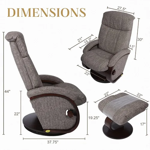 Vista 3 de Silla reclinable con juego otomano, silla decorativa para sala de estar con base de madera maciza giratoria de 360 grados, espuma viscoelástica