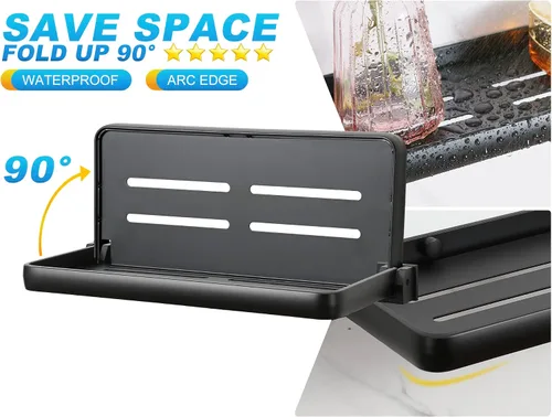 Vista 4 de Pequeño estante plegable de pared para baño y caravana, plegable a 90° e impermeable, pequeño estante de metal flotante para lavandería, inodoro