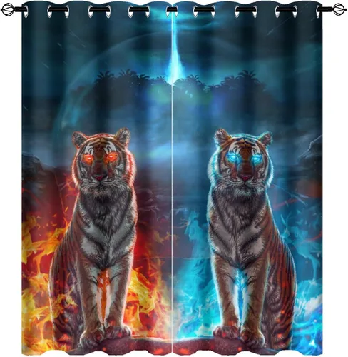 Vista 32 de Cool King of The Forest - Cortinas opacas con diseño de tigre anime, fantasía, animal, fuego, tigre, hielo, con ojales, ahorro de energía, 2