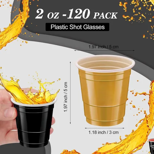 Vista 2 de 120 vasos de chupito de oro negro de 2 onzas, vasos de chupito negros y dorados, vasos de chupito de feliz año nuevo para beber, degustaciones