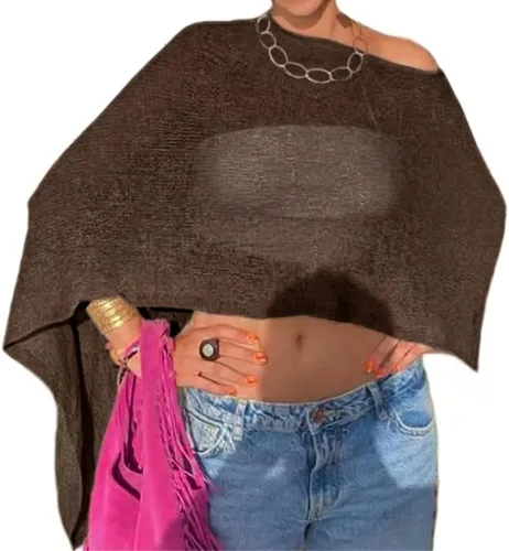 Vista 9 de Amiblvowa Poncho transparente para mujer, poncho de punto Y2K Negro