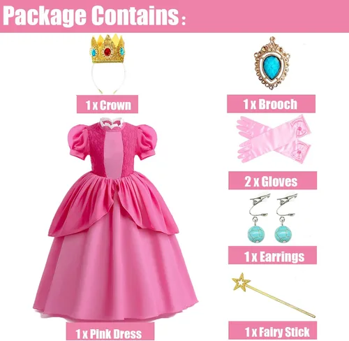 Vista 2 de Disfraz de princesa melocotón para niñas, traje de cosplay, vestido de princesa con corona, juego de 5 piezas