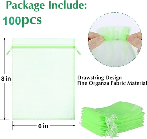 Vista 2 de Kikhope 100 bolsas de protección de frutas, bolsa de malla para cubierta de frutas de jardín de 8 x 6 pulgadas, bolsas de red de frutas con cordón