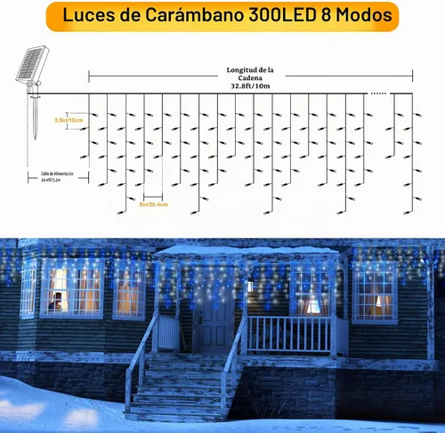 Vista 4 de Luces de carámbano de Navidad con control remoto, 300 luces LED solares para cortina Azul blanco