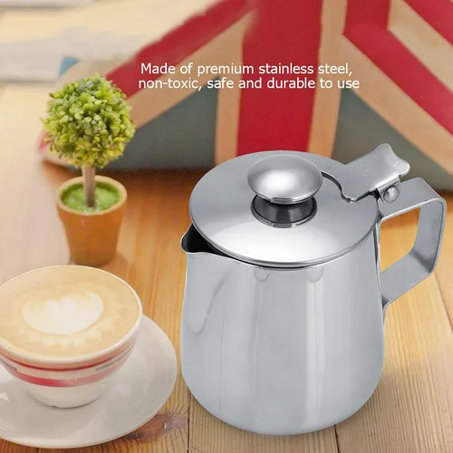 Vista 4 de Gavigain Taza de café de acero inoxidable jarra de espuma de leche con tapa para arte de café con leche (33.8 fl oz)