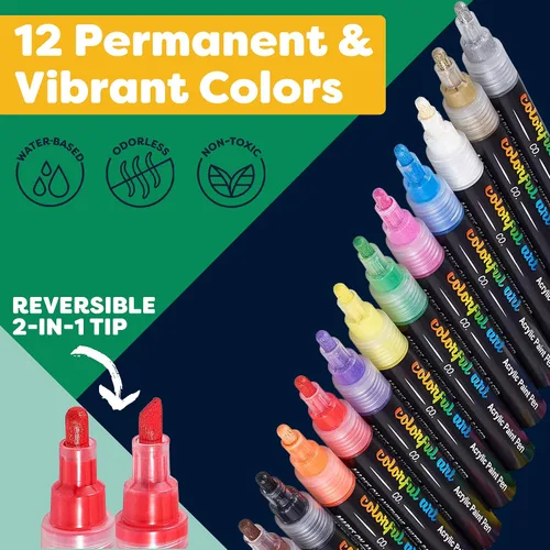 Vista 2 de Bolígrafos de pintura – 12 bolígrafos de pintura acrílica, kit de pintura de roca para pintar rocas, guijarros, vidrio, cerámica, madera, porcelana