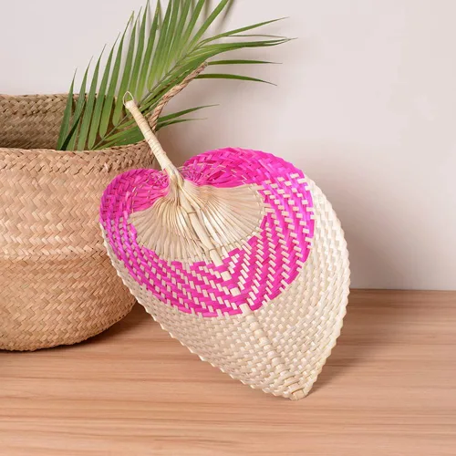 Vista 6 de Abanicos de mano de rafia de bambú natural, abanico de bambú de hoja de palmera, estilo chino, hecho a mano, diseño plegable tejido rústico