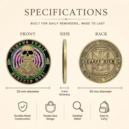Vista 6 de Imasoner Memento Mori Coin Stoic Coin EDC Challenge Coin Stoicism Regalos para recordatorio Features Memento Vivere & Tempus Fugit, Inspirational