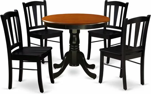 Vista 14 de East West Furniture ANDL3-MAH-W Juego de mesa y sillas de cocina de 3 piezas contiene una mesa de comedor redonda con pedestal y 2 sillas