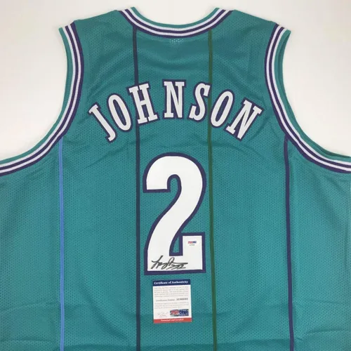 Vista 2 de Camiseta de baloncesto azul marino Charlotte Larry Johnson firmada por PSA/DNA COA