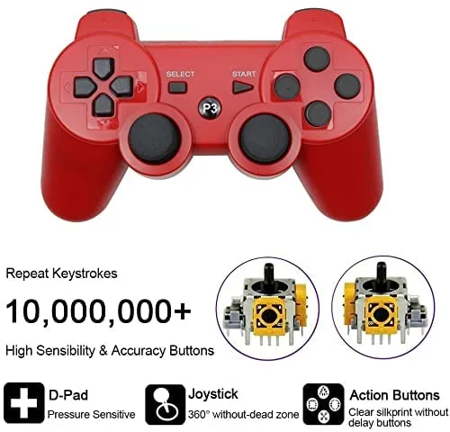 Vista 2 de 2 Pack PS3 Wireless Controller Playstation 3 Controller Wireless Bluetooth Gamepad with USB Charger Cable for PS3 Console (BLUE+RED)
